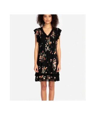 Jade by Johnny Was Womens Pintuck Tunic Mini Dress Size M Black Lace Trim Floral
